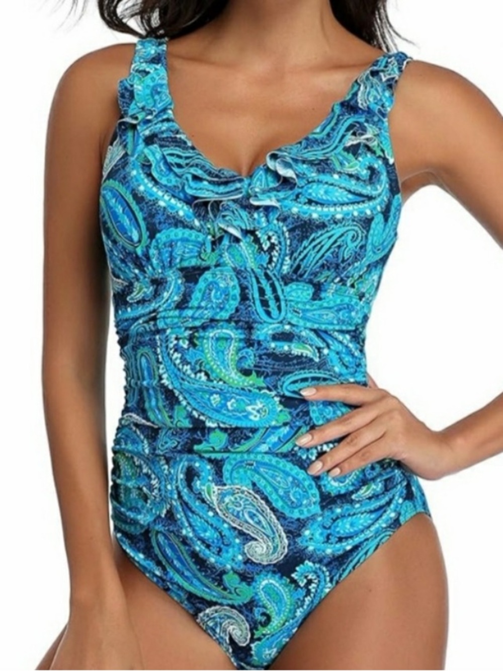 PERONA Turquoise Paisley Ruffle One-Piece Swimsuit- Size 18